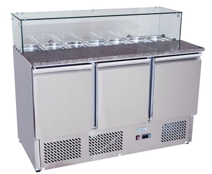 Atosa ESL3864 3 Door Pizza Prep Fridge with Mable Top and Glass 380L