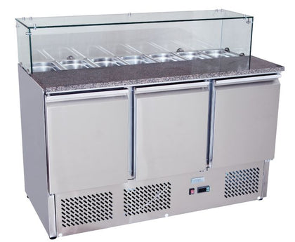 Atosa ESL3864 3 Door Pizza Prep Fridge with Mable Top and Glass 380L