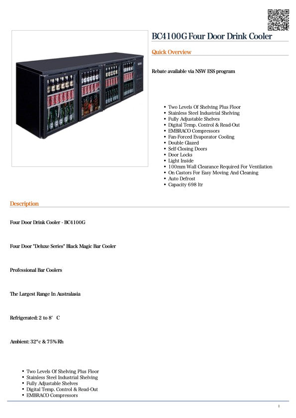 Thermaster BC4100G Four Door Drink Cooler 698L