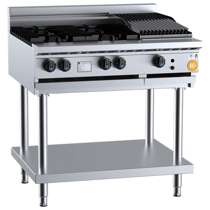B+S K+ KBT-SB4-CBR3 Gas Combination Four Open Burners & 300mm Char Broiler On Leg Stand