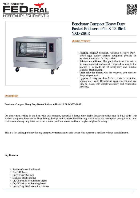 Benchstar YXD-266E Benchstar Compact Heavy Duty Basket Rotisserie Fits 8-12 Birds