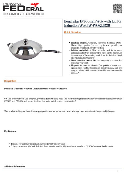 Benchstar IW-WOKLID36 Ø 360mm Wok with Lid for Induction Wok