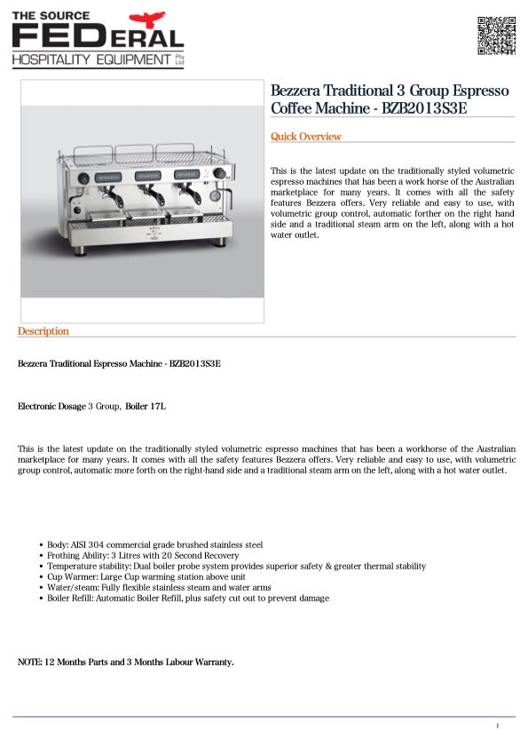 Bezzera Modern 3 Group Ellisse Espresso Coffee Machine BZE2011S3E