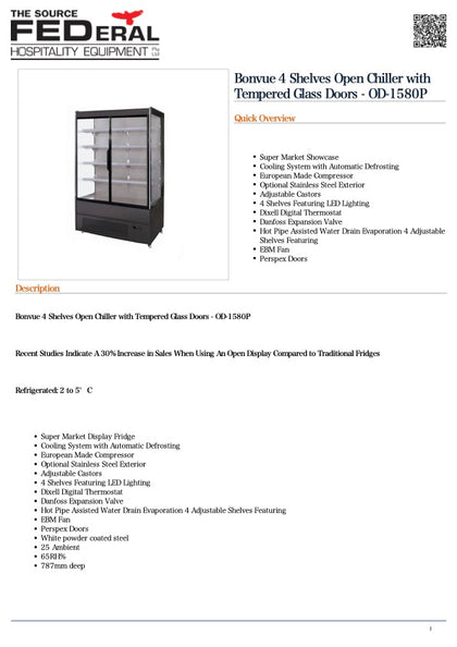 FED Bonvue 4 Shelves Open Chiller with Tempered Glass Doors - OD-1580P