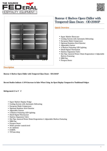 FED OD-2080P Bonvue 4 Shelves Open Chiller with Tempered Glass Doors