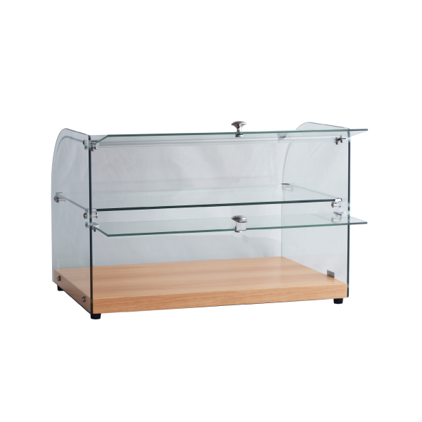 Exquisite CD45-O Two Tiers Curved Glass Ambient Cake Display – Natural Oak Colour