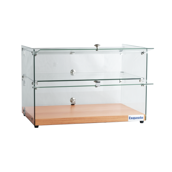 Exquisite CD50-W Two Tiers Flat Glass Ambient Cake Display – Elegant Walnut Colour