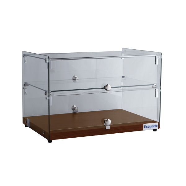 Exquisite CD50-W Two Tiers Flat Glass Ambient Cake Display – Elegant Walnut Colour