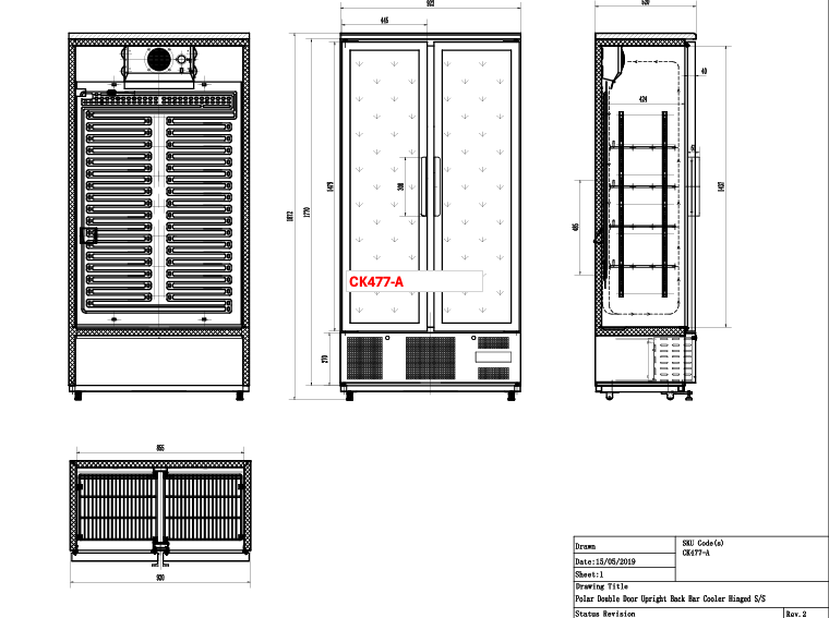 Polar CK477-A G-Series 2 Hinged Door Upright Back Bar Cooler 490L