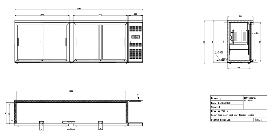 Polar CS103-A U-Series Back Bar Display Cooler Four Door 485L