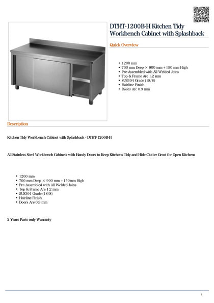 FED DTHT-1200B-H Kitchen Tidy Workbench Cabinet with Splashback / 1200x700x900+150