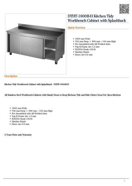 FED DTHT-1800B-H Kitchen Tidy Workbench Cabinet with Splashback 1800x700x900+150