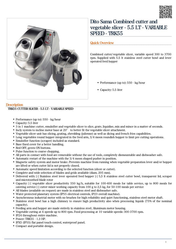 Dito Sama Combined cutter and vegetable slicer - 5.5 LT - VARIABLE SPEED - TRK55