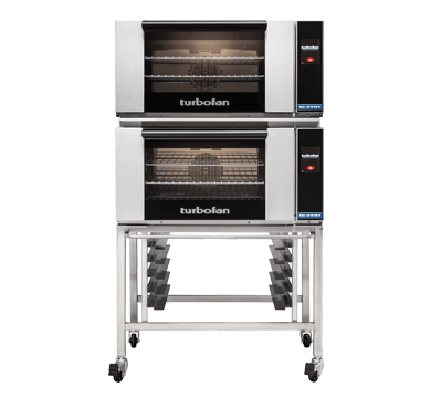 Turbofan E27T3 - Full Size Electric Convection Ovens Touch Screen Control Double Stacked on a Stainless Steel Base Stand
