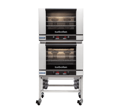 Turbofan E28T4/2 - Full Size Electric Convection Ovens Touch Screen Control Double Stacked on a Stainless Steel Base Stand