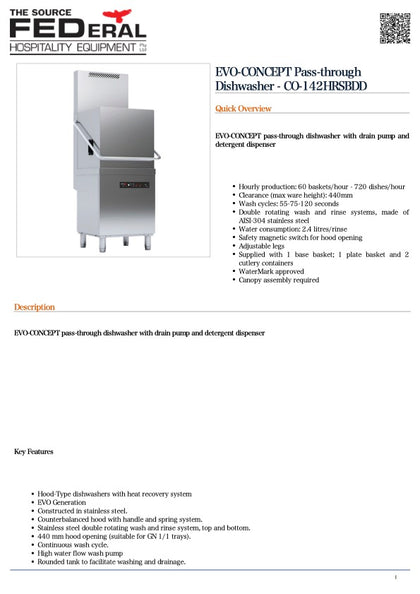 FED CO-142HRSBDD EVO-CONCEPT Pass-through Dishwasher