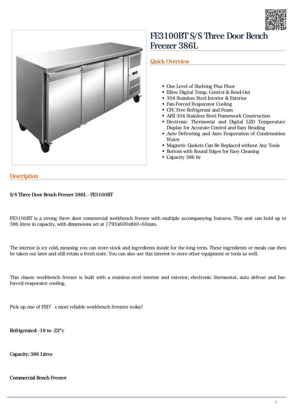 Thermaster FE3100BT S/S Three Door Bench Freezer 386L 1795w
