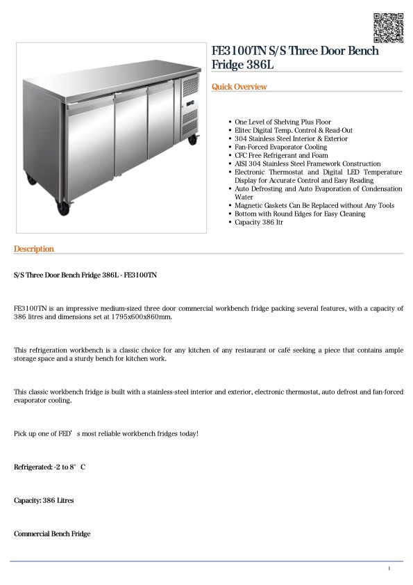 Thermaster FE3100TN S/S Three Door Bench Fridge 386L 1795mm