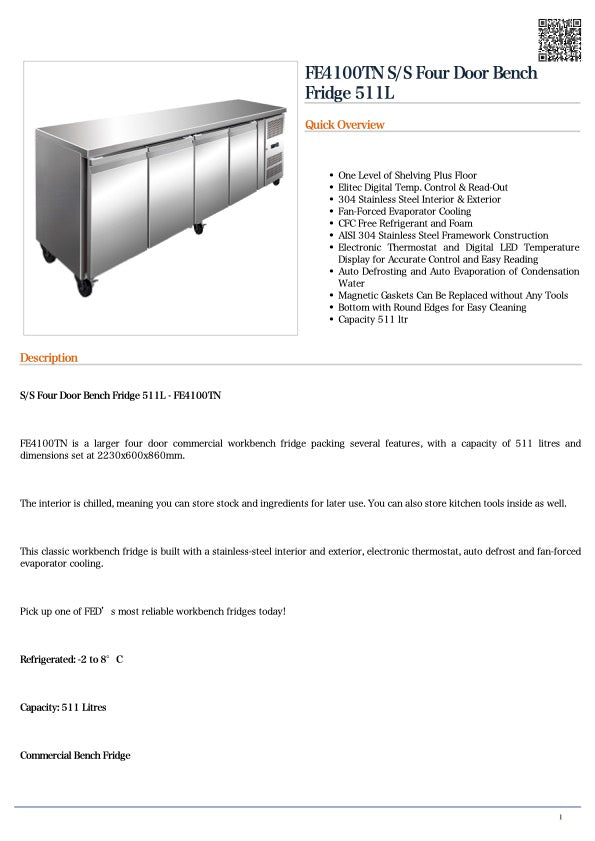 Thermaster FE4100TN S/S Four Door Bench Fridge 511L  2230W