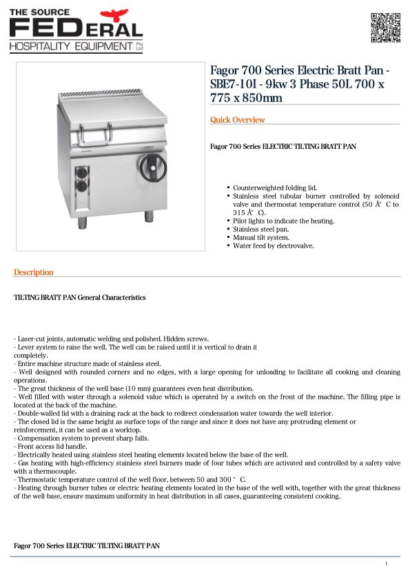 Fargor SBE7-10I Fagor 700 Series Electric Bratt Pan  9kw 3 Phase 50L 700 x 775 x 850mm
