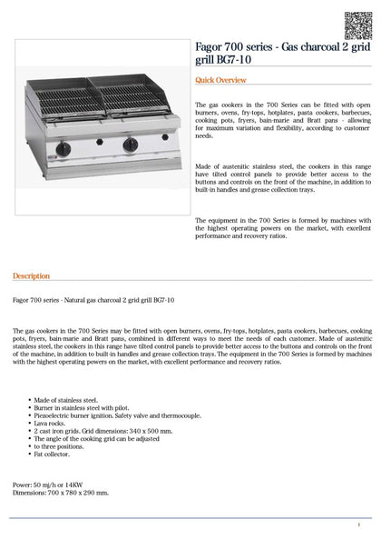 Fagor BG7-10 700 series - Gas charcoal 2 grid grill W700mm