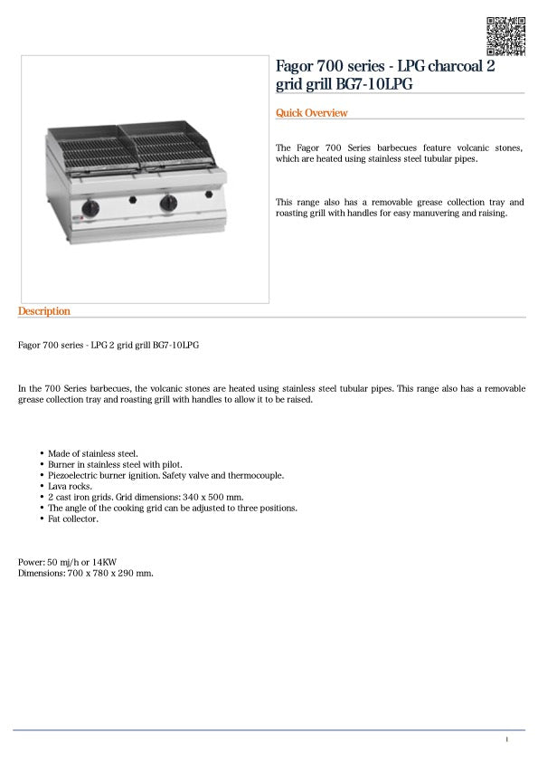 FED BG7-10LPG Fagor 700 series - LPG charcoal 2 grid grill