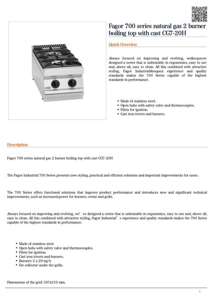FED CG7-20H Fagor 700 series natural gas 2 burner boiling top with cast / 350x780x290 / 2+2Y Warranty