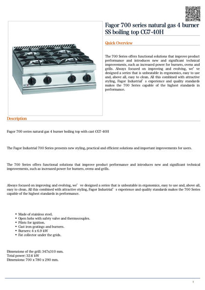 FED CG7-40H Fagor 700 series natural gas 4 burner SS boiling top /700x775x290 /2+2Y Warranty