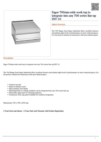 FED  EN7-10 Fagor 700mm wide work top to integrate into any 700 series line-up / 700x780x290 / 2+2Y Warranty