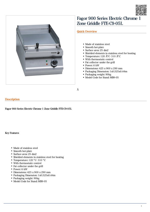 Fagor FTE-C9-05L Fagor 900 Series Electric Chrome 1 Zone Griddle