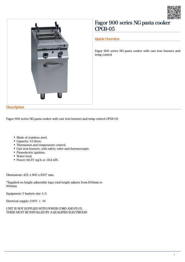 FED CPG9-05 Fagor 900 series NG pasta cooker CPG9-05 / 425x900x850 / 2+2Y Warranty