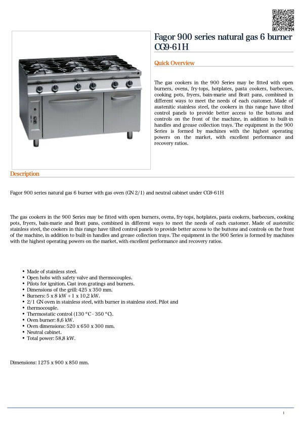 FED CG9-61H Fagor 900 series natural gas 6 burner / 1275x900x900 /2+2Y Warranty