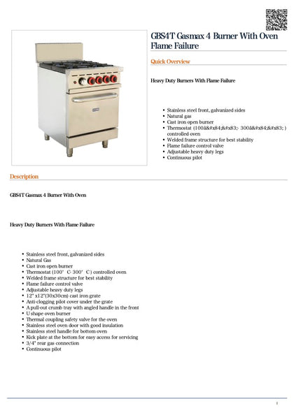 Gasmax GBS4T 4 Burner With Oven Flame Failure
