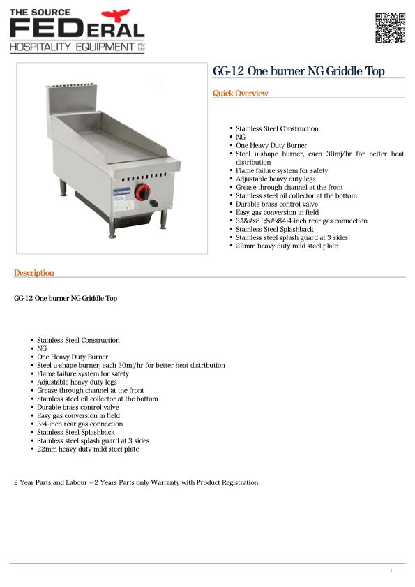 GasMax GG-12 One burner NG Griddle Top