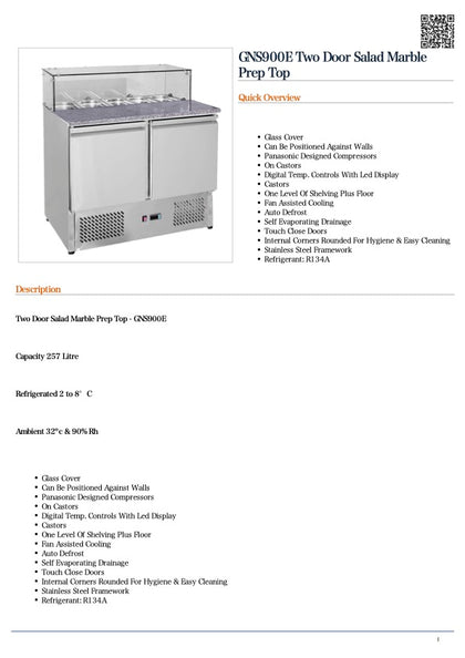 Thermaster GNS900E Two Door Salad Marble Prep Top 4 × 1/3 GN Pans, 903x700x1195