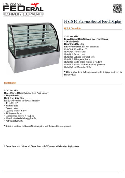 Bonvue H-SL840 Curved Glass Bonvue Heated Food Display 1200x740x1350