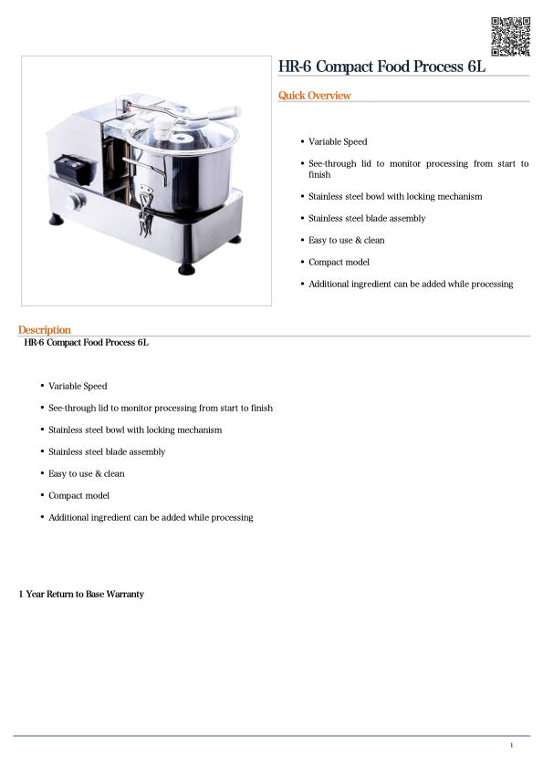 Yasaki HR-6 Compact Food Process 6L