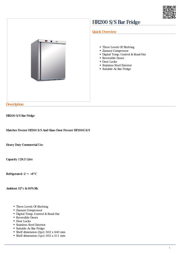Thermaster HR200 SS Bar Fridge
