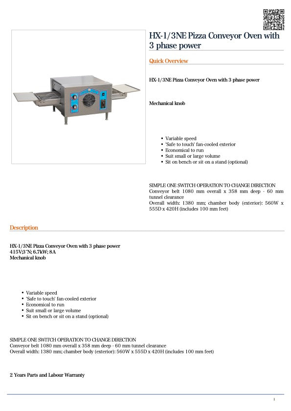 Baker Max HX-1/3NE Pizza Conveyor Oven with 3 phase power
