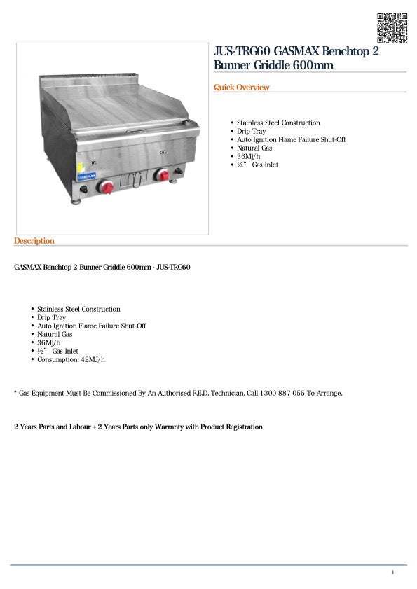 GASMAX JUS-TRG60 Benchtop 2 Bunner Griddle 600mm