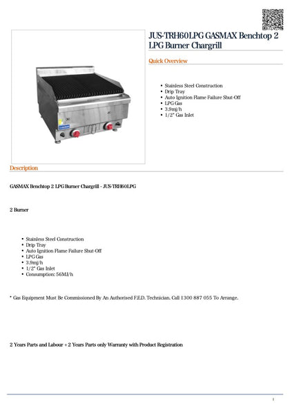 FED JUS-TRH60LPG GASMAX Benchtop 2 LPG Burner Chargrill / 600x650x475+60 /2+2Y Warranty