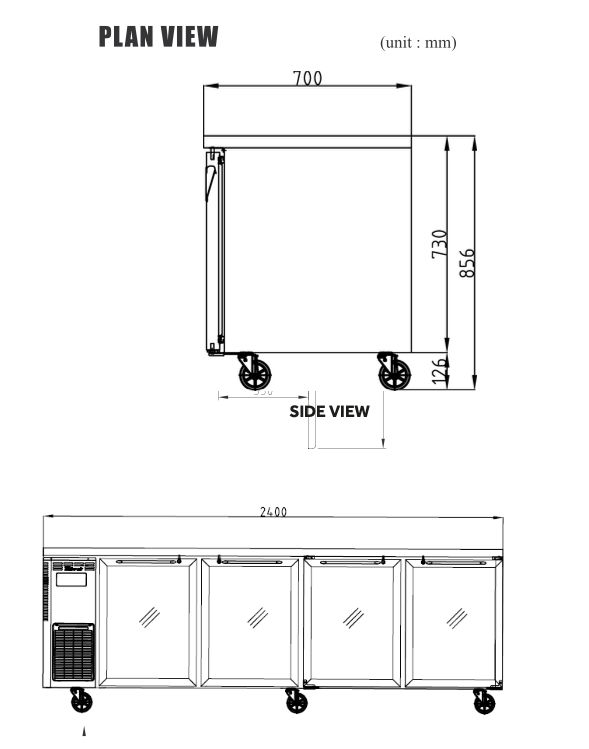 Turbo Air KGR24-4-N(HC) 2400mm Under Bench Four Glass Door Fridge 705L