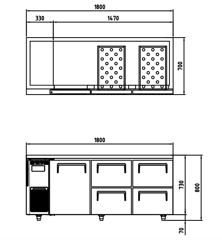 Turbo Air KUR18-2D-4-N(HC) 1800mm Under Bench Drawer Fridge 1 Door 4 Drawers 538L