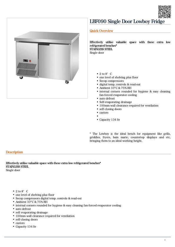 FED LBF090 Single Door Lowboy Fridge 900x700x700