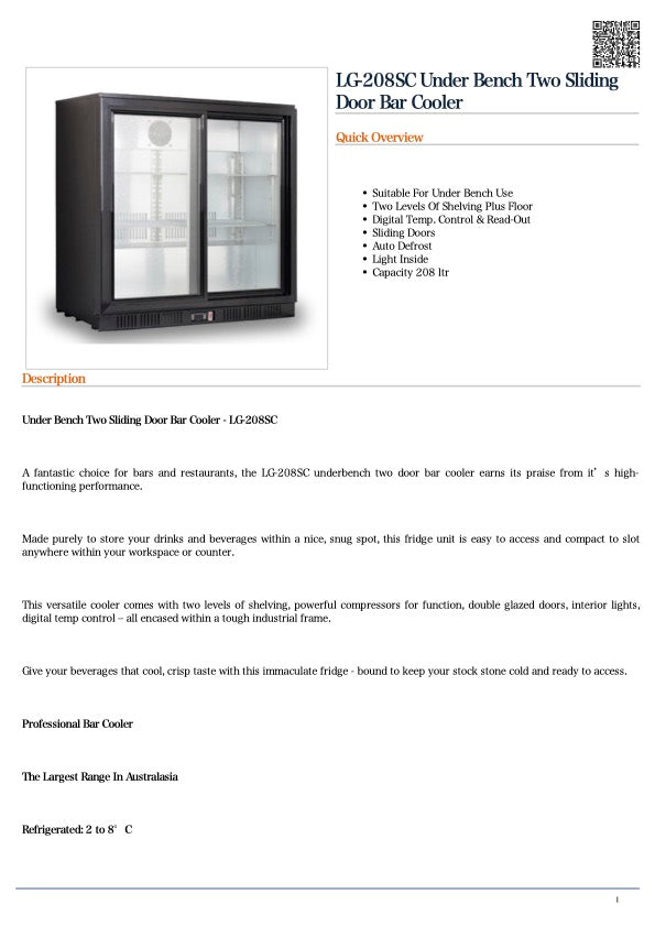 FED LG-208SC Under Bench Two Sliding Door Bar Cooler 208L