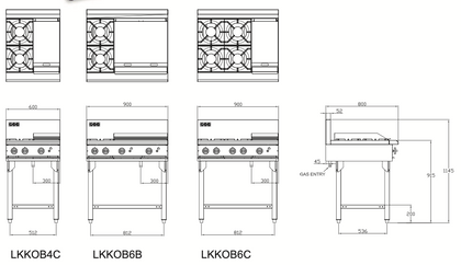 LKK OB6B 2 Gas Burner Cooktop + 600mm Right Grill