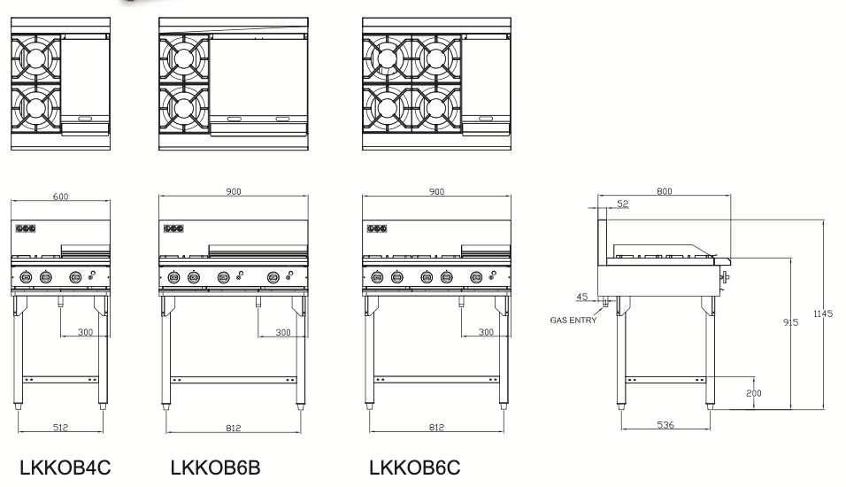 LKK OB6C 4 Gas Burner Cooktop + 300mm Right Grill