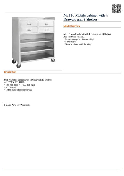 FED MS116 Mobile cabinet with 4 Drawers and 3 Shelves / 1160x540x1400