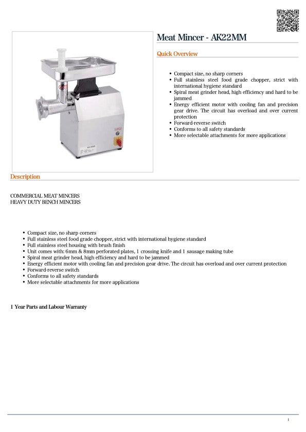 FED AK22MM Meat Mincer / 570x360x535
