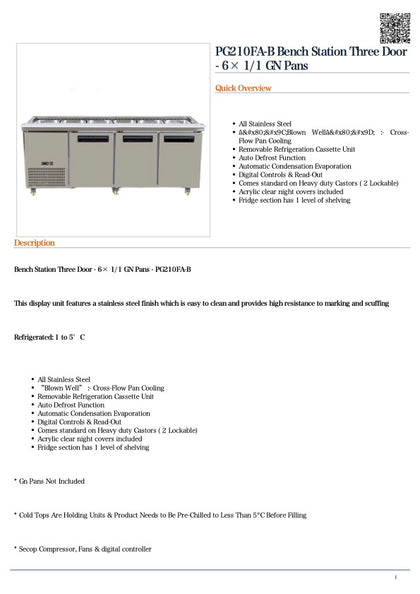 Thermaster PG210FA-B Bench Station Three Door 6× 1/1 GN Pans 2140mmW